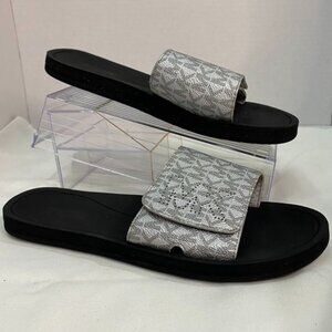 Michael Kors Silver Monogram Slide Sandals Women’s 8M Logo Strap Flat